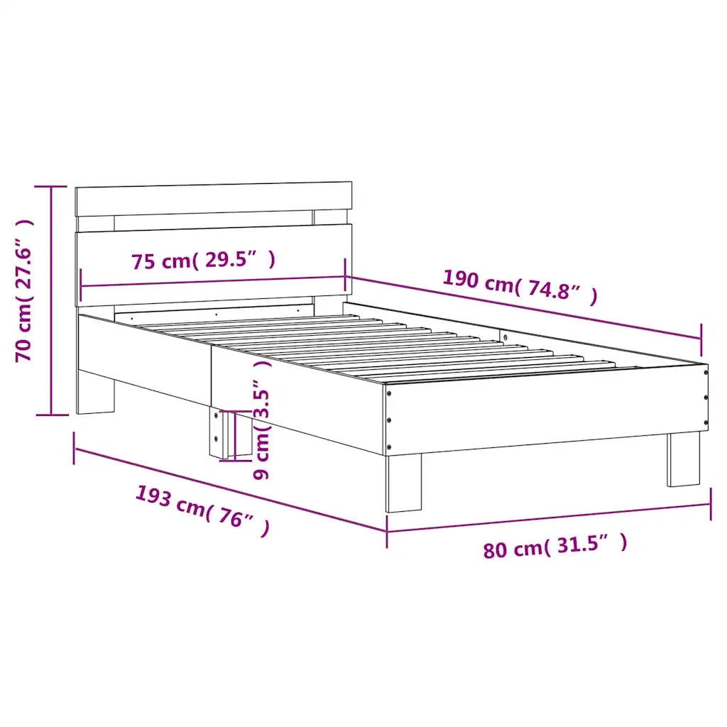 Letto singolo | Letto per adulti | Giroletto senza Materasso con Testiera Rovere Sonoma 75x190 cm