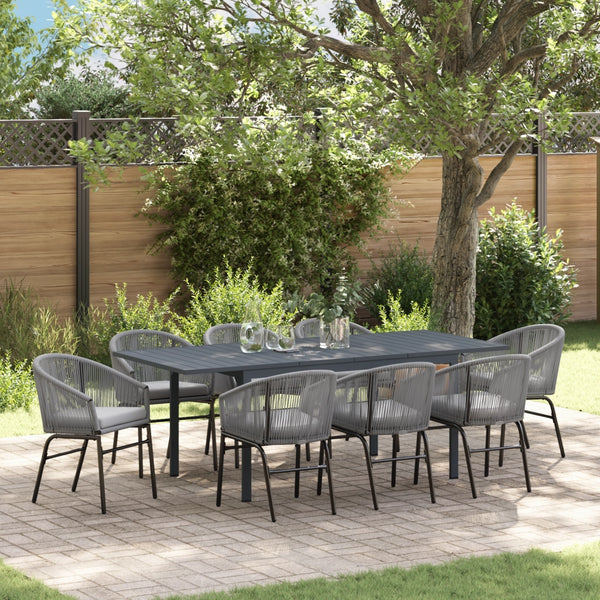 Set da pranzo da giardino 10 pezzi con cuscini grigi in polyrattan