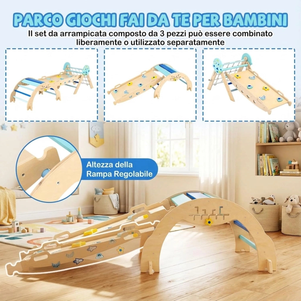 Set da Arrampicata per Bambini, Set Montessori Pieghevole con Arco, Rampa e Scalatore, Giochi da Arrampicata con Blocchi e Gioco del Labirinto, 1 Anni + (Astronauta 3 pezzi, Blu)