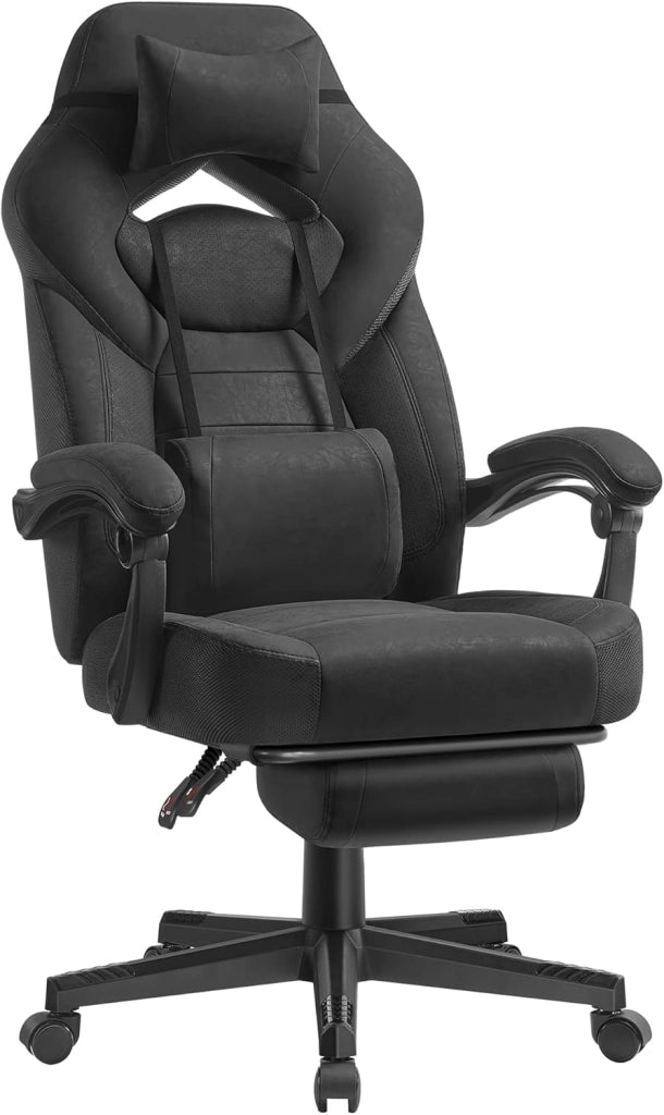 SONGMICS Sedia Gaming, Sedia Ufficio Scrivania, Ergonomico, con Poggiapiedi, Poggiatesta Regolabile, Cuscino Lombare, Portata 150 kg, Nero Inchiostro OBG077BH21