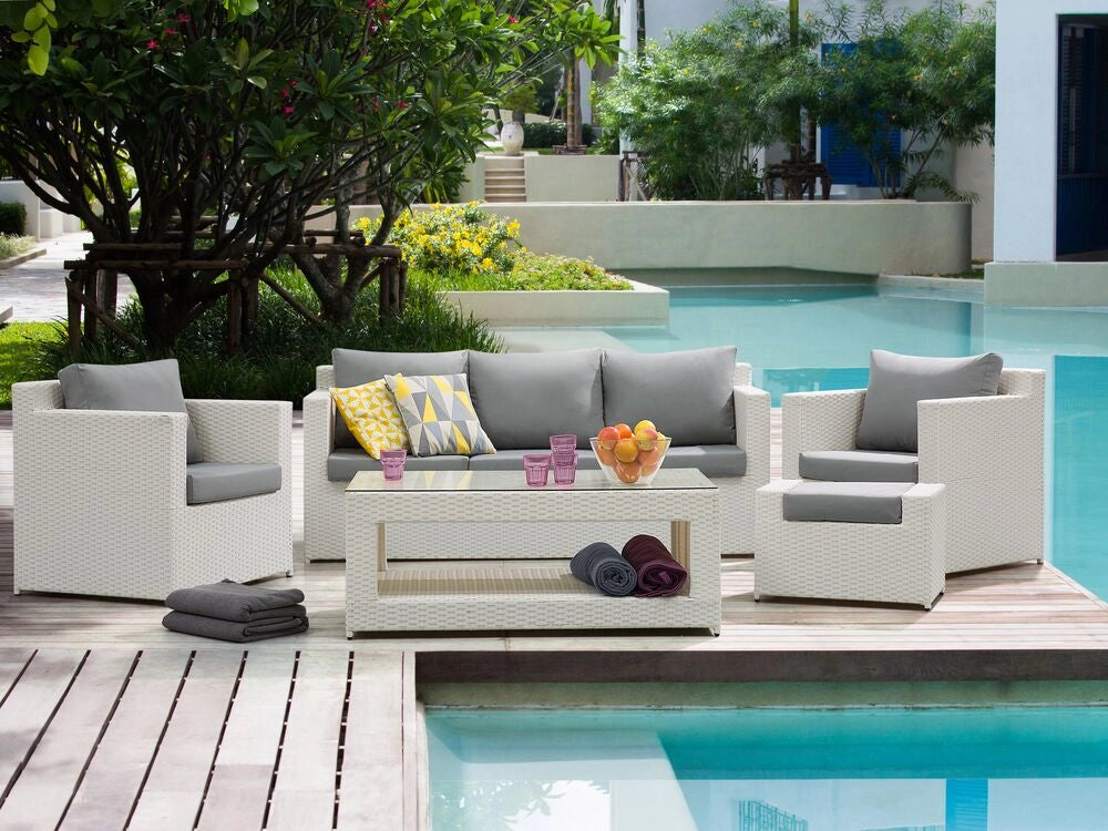 Set divano ad angolo da giardino bianco finto rattan grigio cuscini 6 posti con tavolo ottomana set di conversazione in vimini per esterni