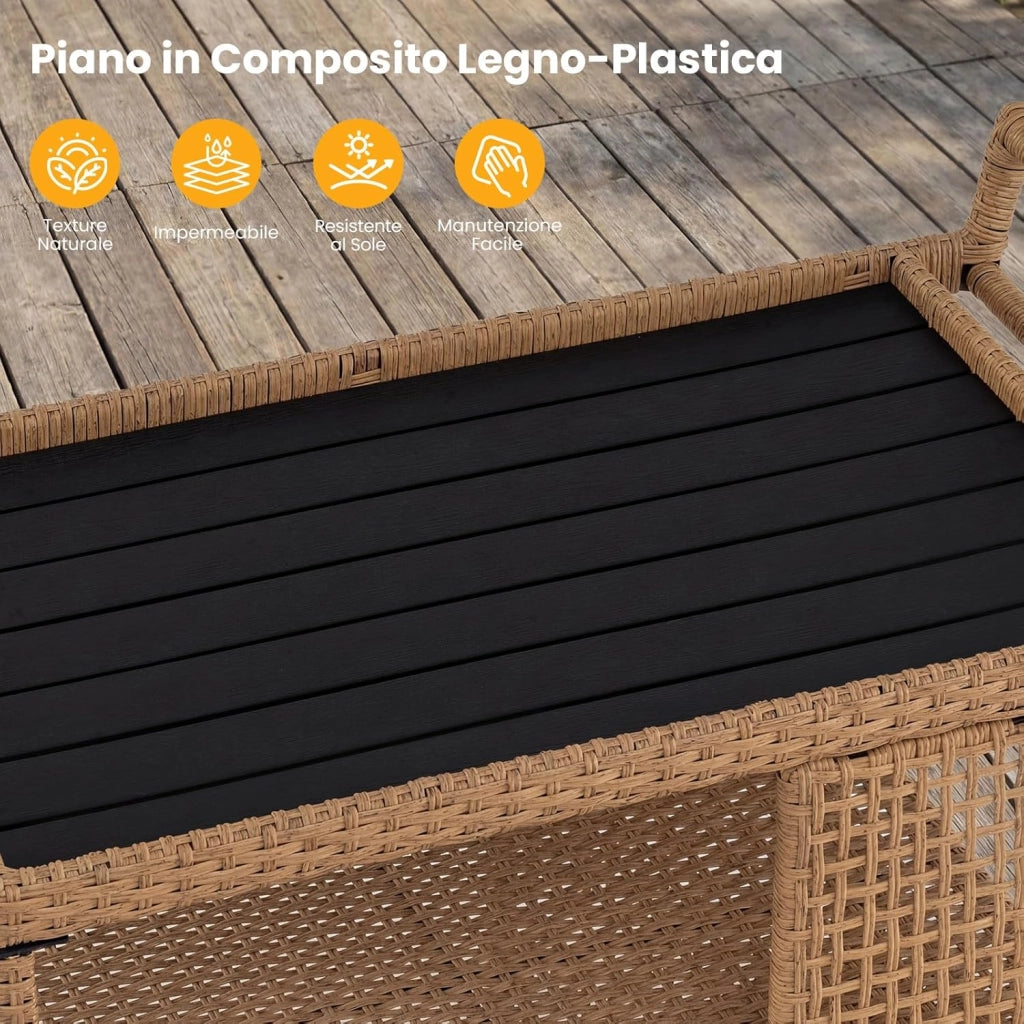 Carrello Bar da Esterno, Carrello Portavivande in Rattan con 4 Ruote, 3 Ripiani Aperto e Maniglia Laterale, Carrellino da Servizio per Cucina, Giardino e Bordo Piscina, 98 x 54 x 92 cm