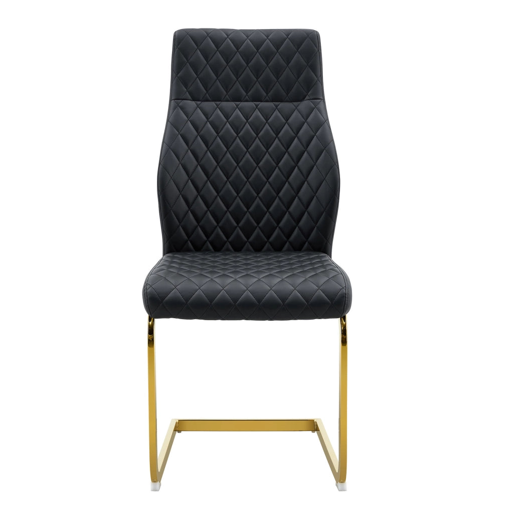 Set 2 sedie da pranzo in PU nero con motivo trapuntato; schienale alto 100 cm; struttura in metallo oro