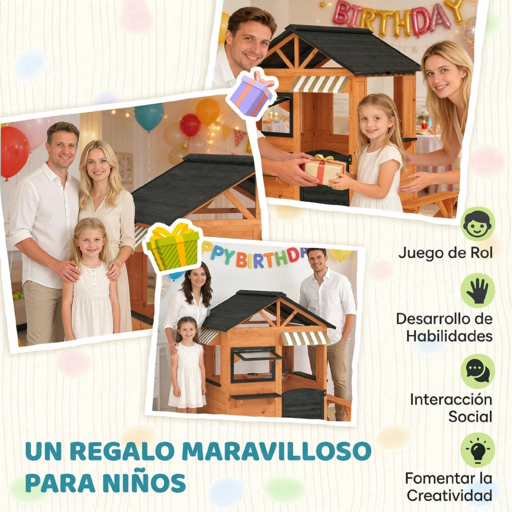 Casetta bambini in legno con cucina giocattolo e panchina ¨C zephmum ¨C marrone