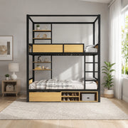 Letto a castello in metallo e MDF con vani contenitore e scaffali laterali