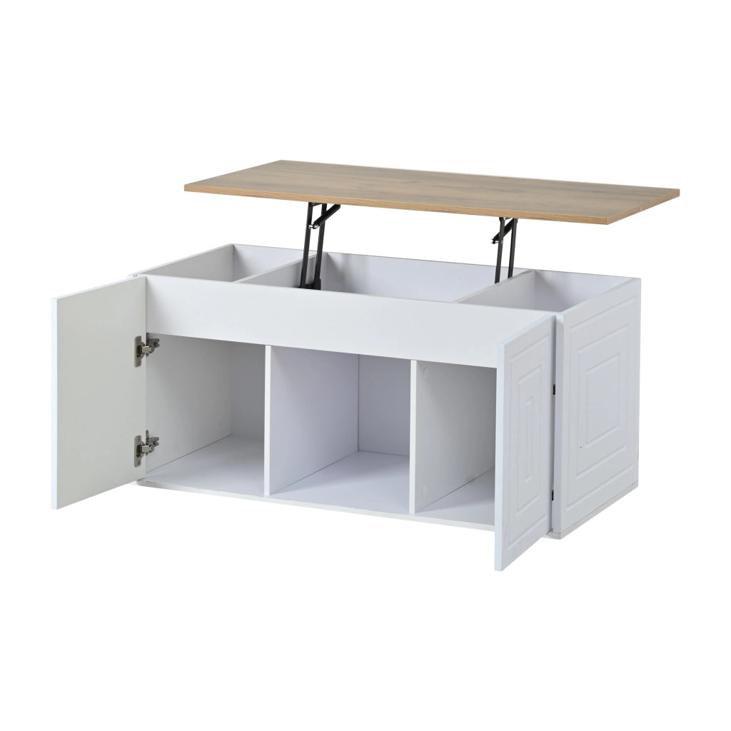 Tavolino da salotto con piano regolabile in altezza, tavolino a due ante, finitura effetto legno, bianco e color legno naturale