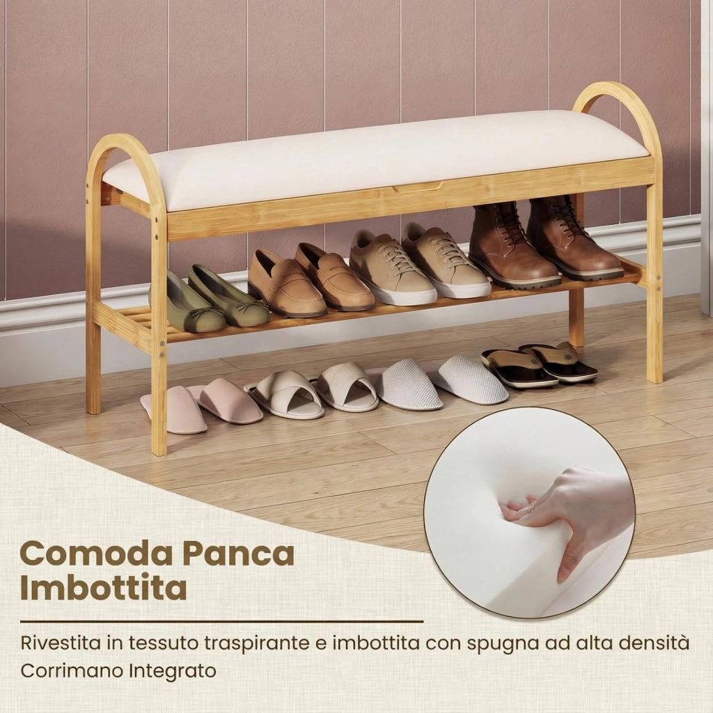 Scarpiera con Cuscino, Panca Porta Scarpe con Coperchio Imbottito a Ribalta, Scomparto Nascosto, Panca Imbottita per Ingresso Corridoio Camera da Letto, 101 x 31 x 51 cm (Beige)