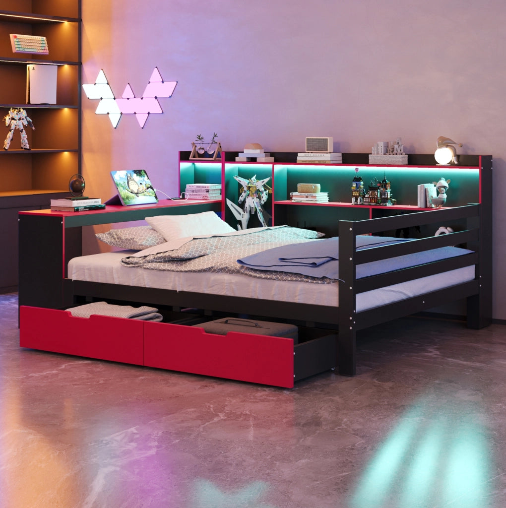 Letto matrimoniale multifunzionale 140 x 200 cm con scrivania; cassetti; LED e prese; nero e rosso