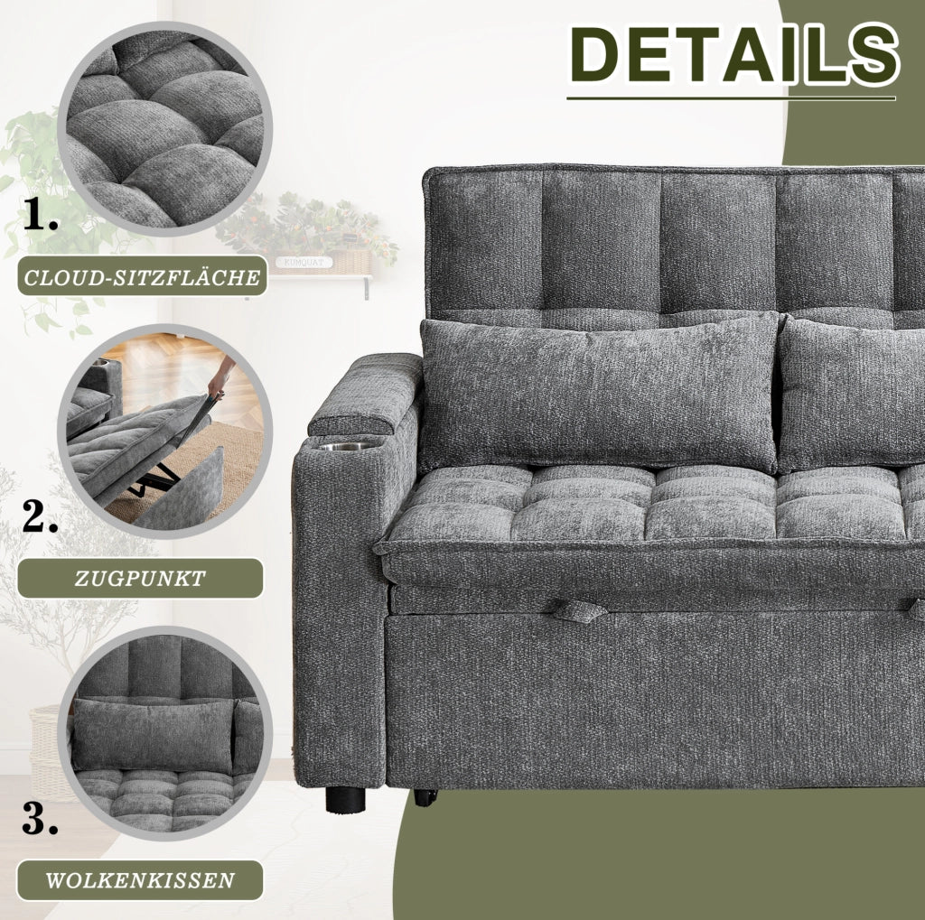 DIVANO Letto 3 in 1 Trasformabile 142 cm Grigio in Chenille