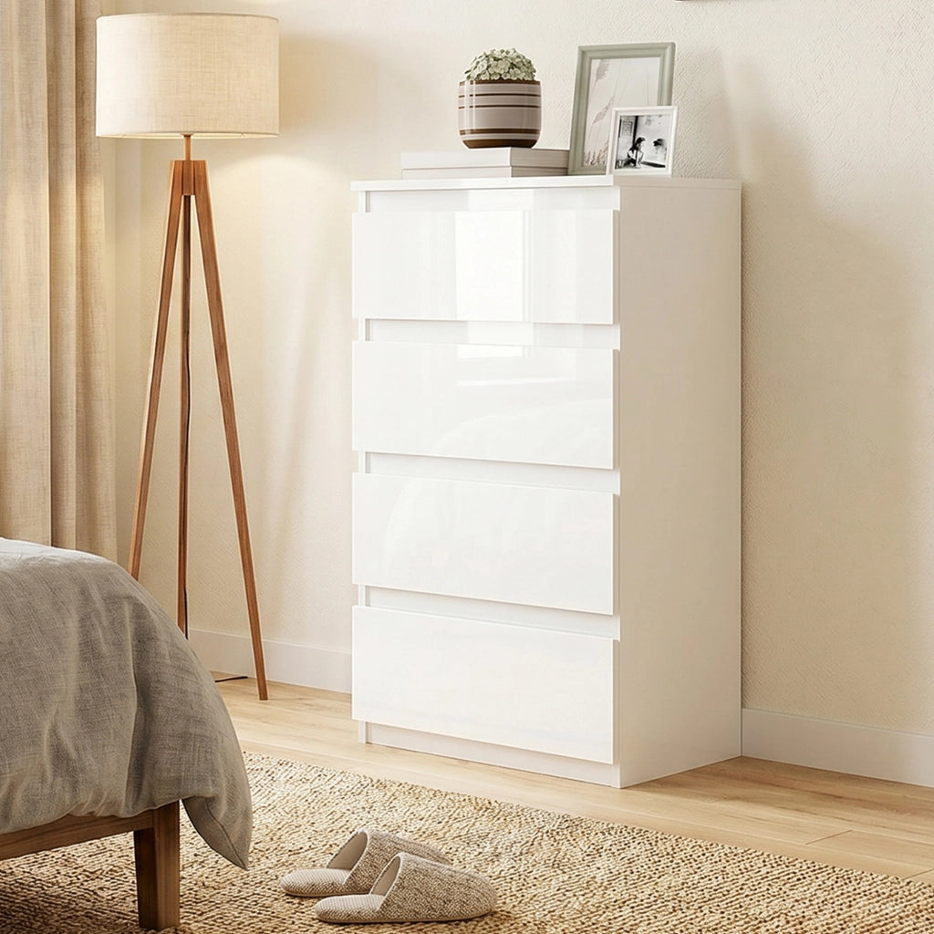 Cassettiera 40x35x74 cm 4 cassetti Salvaspazio in Legno Bianco Lucido