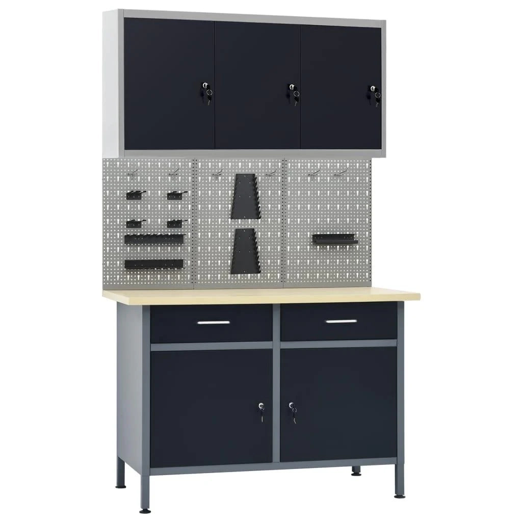 Banco da lavoro 120 cm 3 pannelli a parete e 1 mobiletto da lavoro per officina grigio/nero 02_0003664