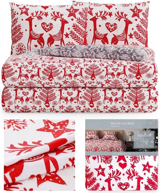 Set di lenzuola a tre pezzi in flanella 160 x 200 cm - coperta di cotone con cerniera a zip - coperta a tema renna bianco rosso grigio 160x200