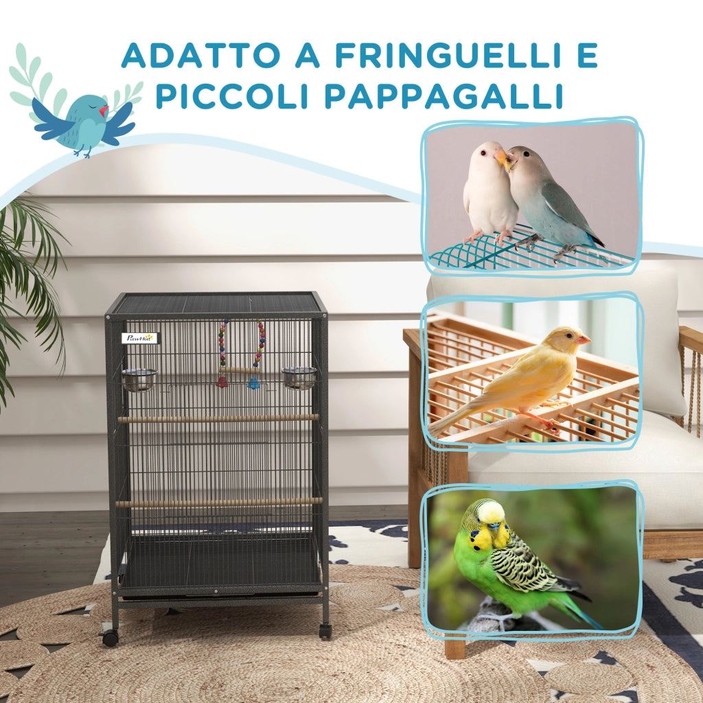 EasyComfort Gabbia per Uccelli in Acciaio e PP con 5 Porte, 2 Posatoi e Vassoio Estraibile, 48x46x74 cm, Grigio