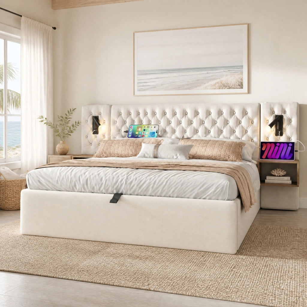 LETTO Contenitore Idraulico 180x200 cm Velluto Beige con 2 comodini