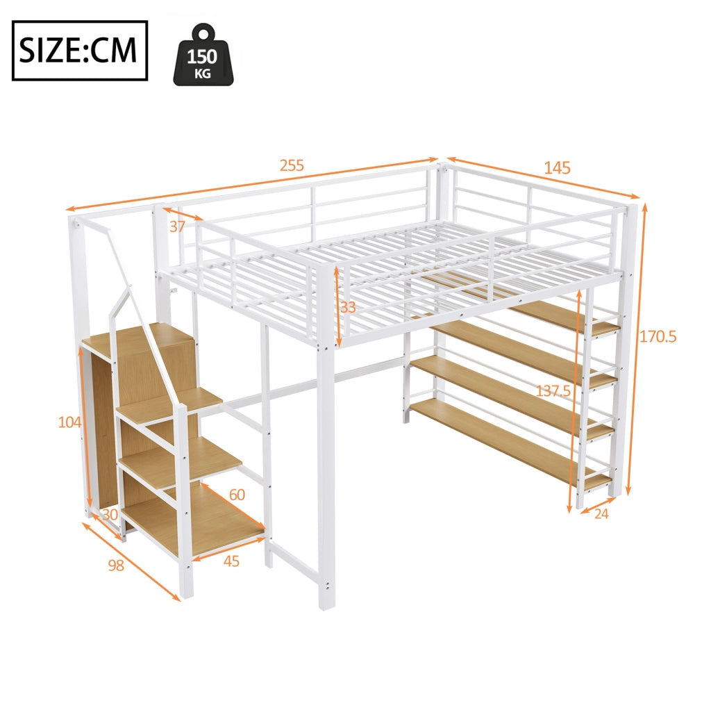 Letto a soppalco 140x200 cm in metallo con scala contenitore; armadietto e ripiani; bianco