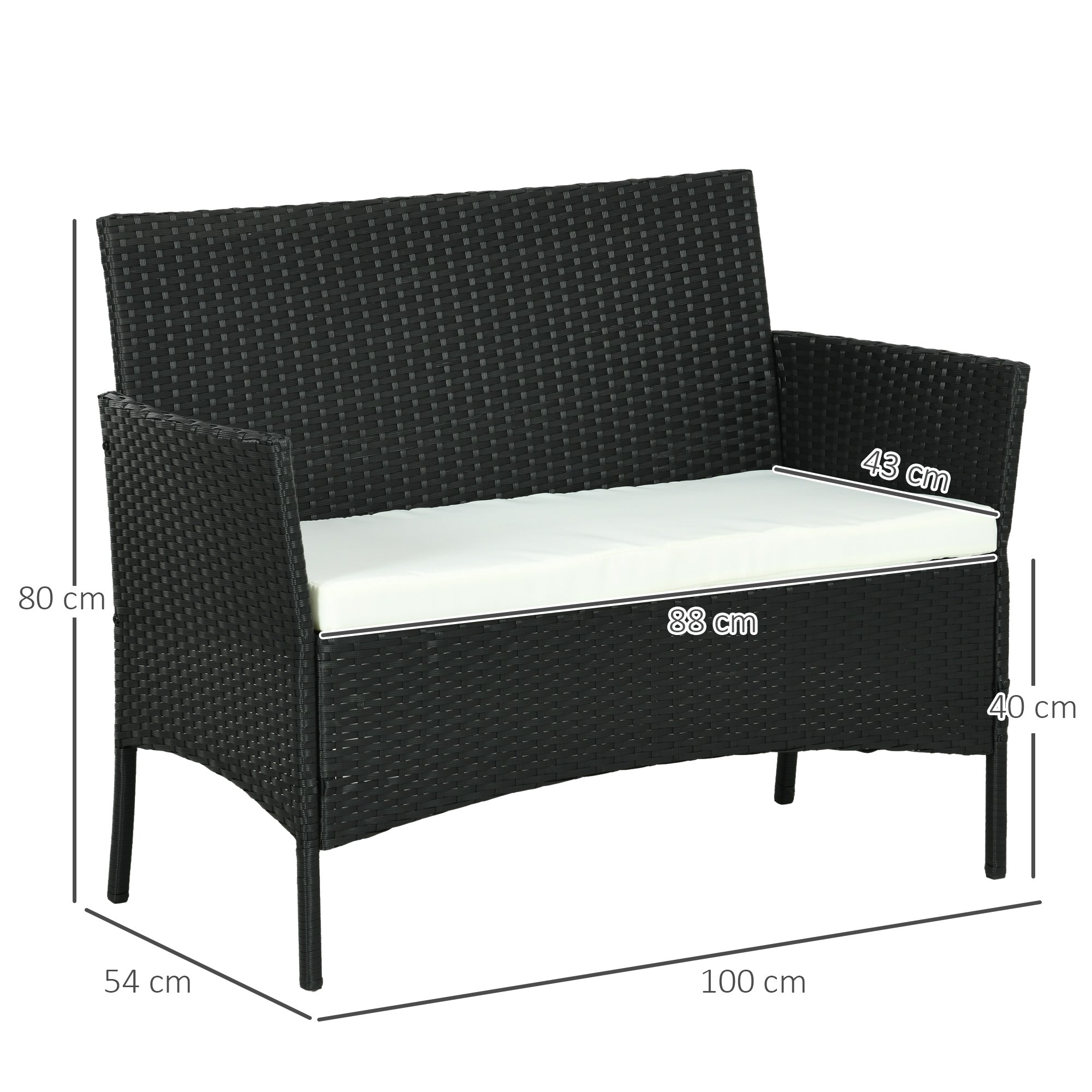 Divano da Giardino a 2 Posti con Cuscino e Braccioli 100x54x80cm in Rattan PE e Acciaio Nero