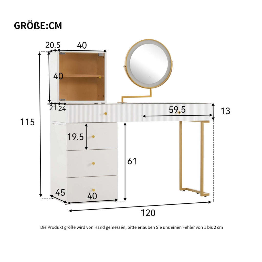Tavolo da trucco 120x45x115 cm con specchio LED a 3 colori; piano in vetro; bianco e oro