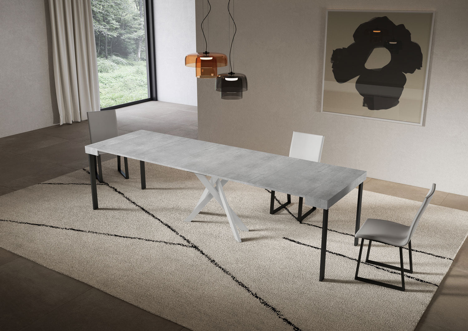 Consolle Allungabile 90-300x40x77 cm Saki Cemento Gambe Bianche