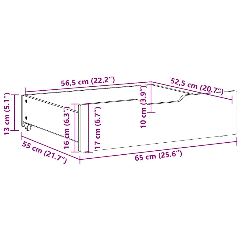 Cassettoni da Letto con Ruote 2 pz 65x55x17 cm in Legno di Pino 850935