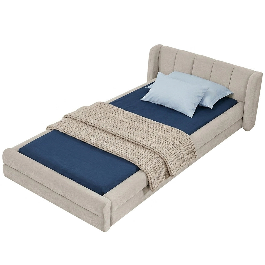 DESMIU Lit simple 90 × 200 cm con testiera imbottita, senza materasso, in ciniglia, beige