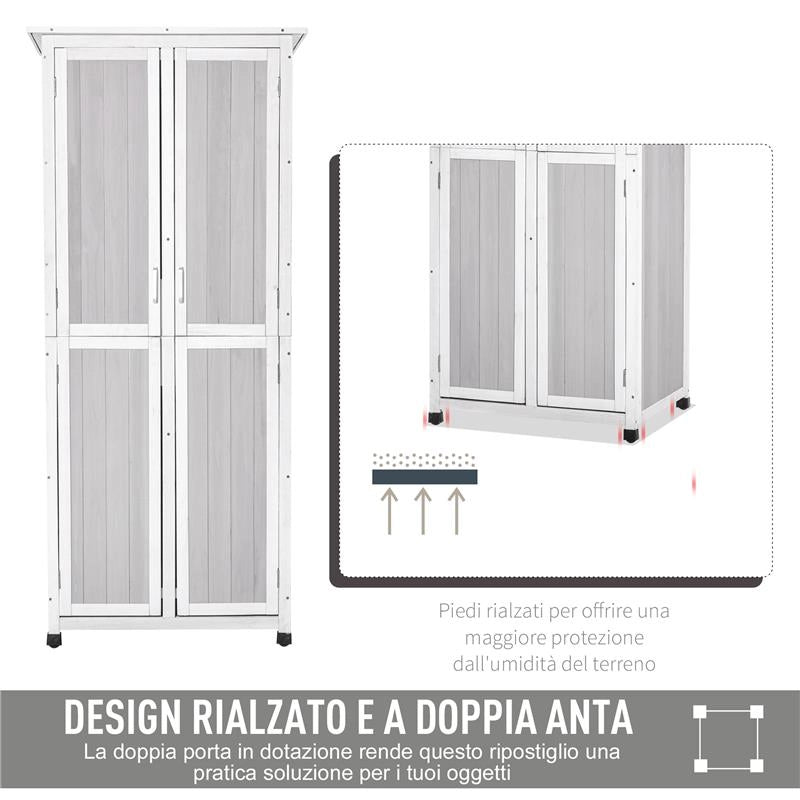 CASETTA PORTA ATTREZZI IN LEGNO DI ABETE A 3 LIVELLI CON TETTO IN BITUME, 77X58X175 CM, GRIGIO