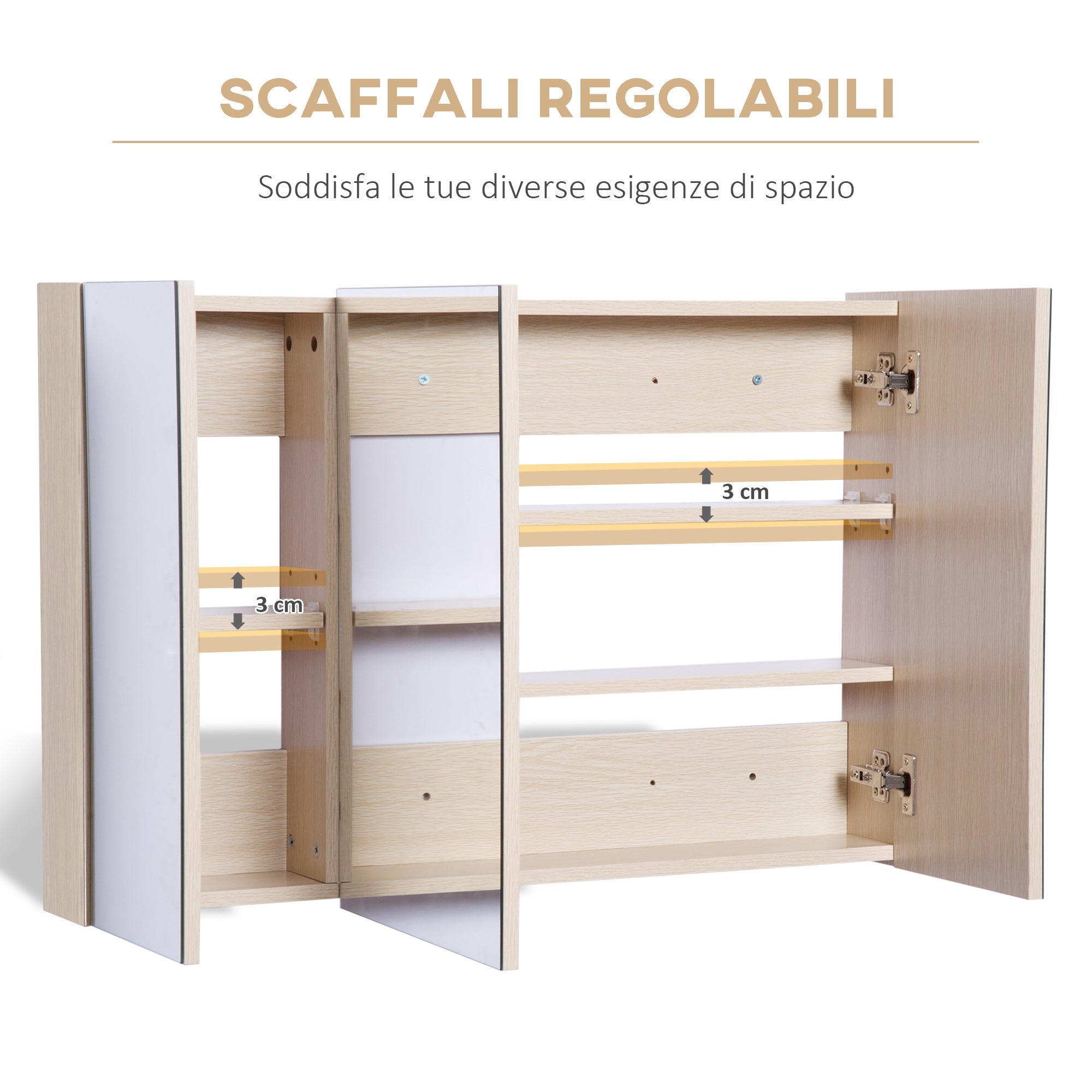 Specchiera da Bagno 3 Ante in Legno Rovere 90x60x13.5 cm