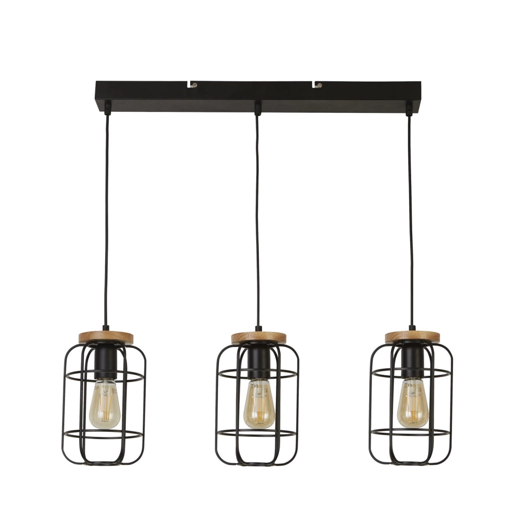 Vision 3Lt Bar Pendant - Metallo nero opaco e legno