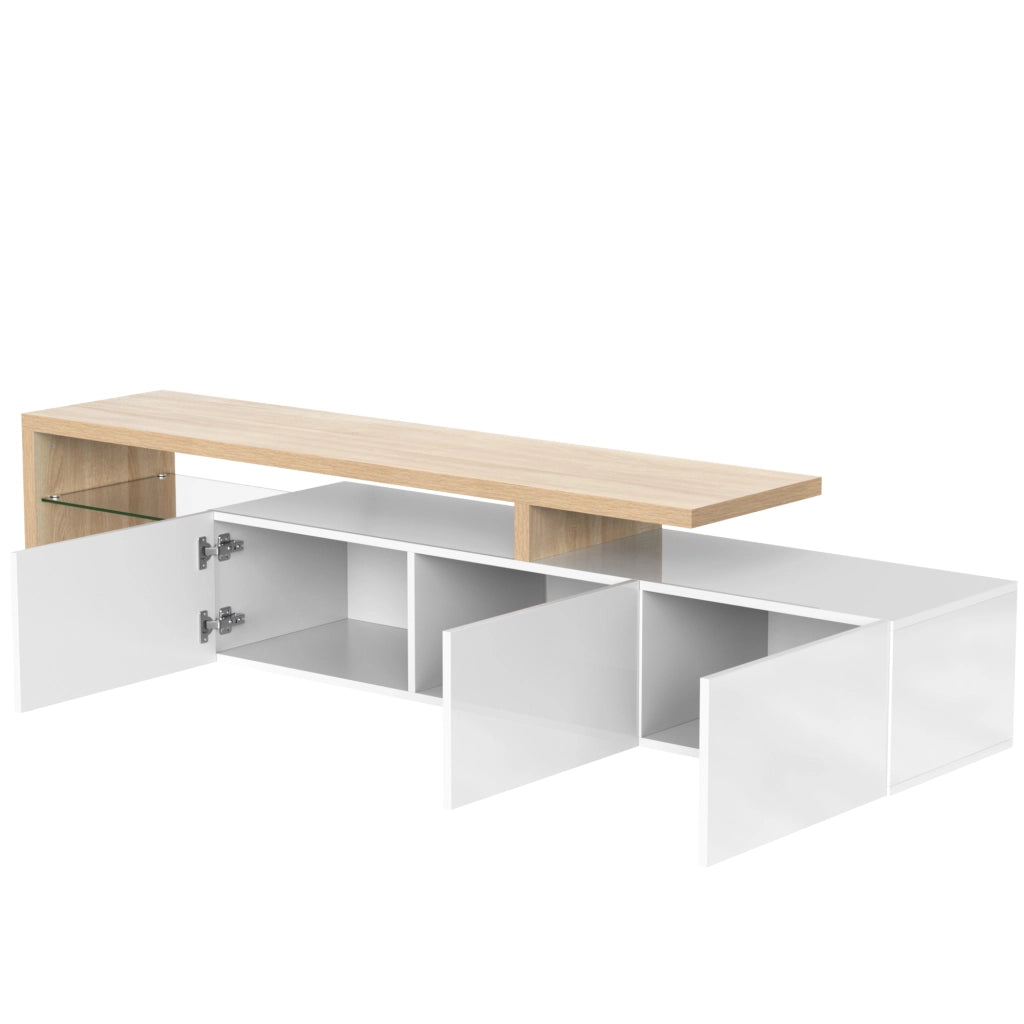 Mobile TV 197.5x39x42 cm; 3 vani con ripiani in vetro e LED a 7 colori; MDF e vetro; colore naturale e bianco