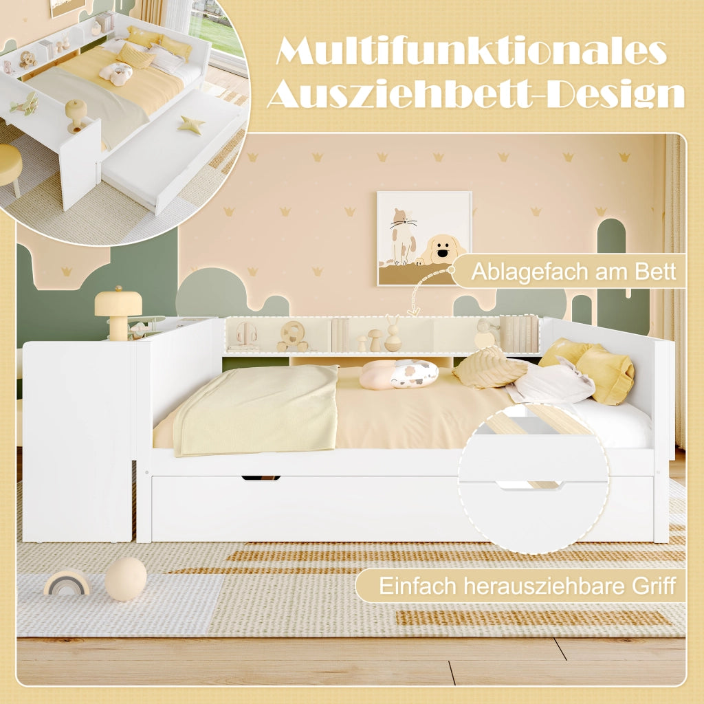DESMIU Letto Matrimoniale con Letto Estraibile 140 × 200 cm, Scrivania, 3 Scaffali e Comodino, senza materasso