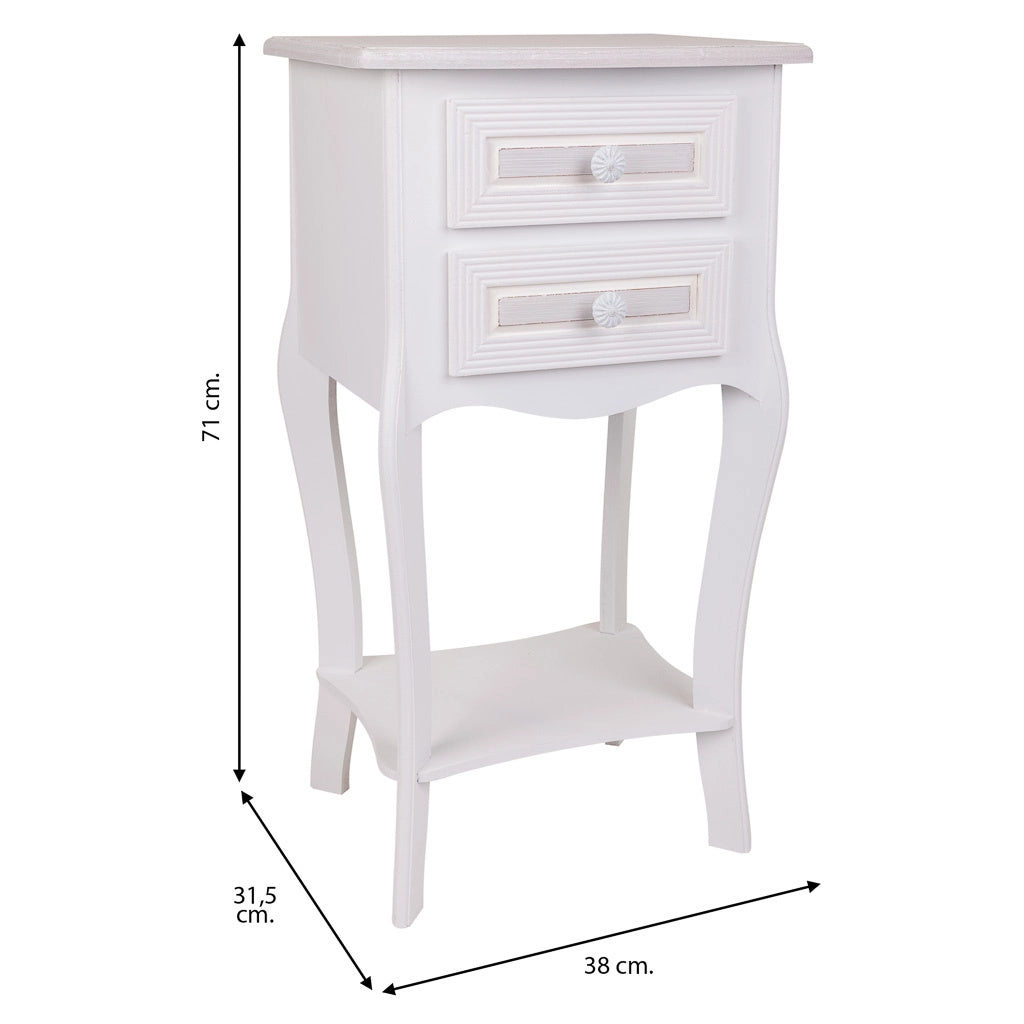 Comodino in legno con 2 cassetti bianchi 38x31,5x71.