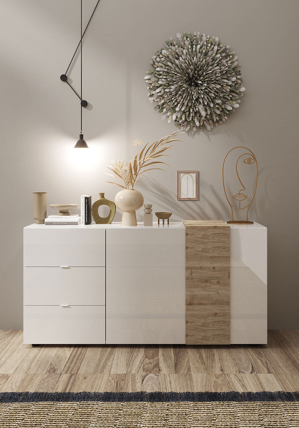 Madia Design Moderno 2 Ante 3 Cassetti Venus 181x44x84 cm Bianco Lucido E Cadiz