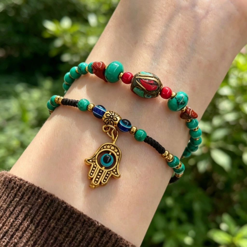 Bracciale vintage in turchese con perline di rame intrecciate a mano