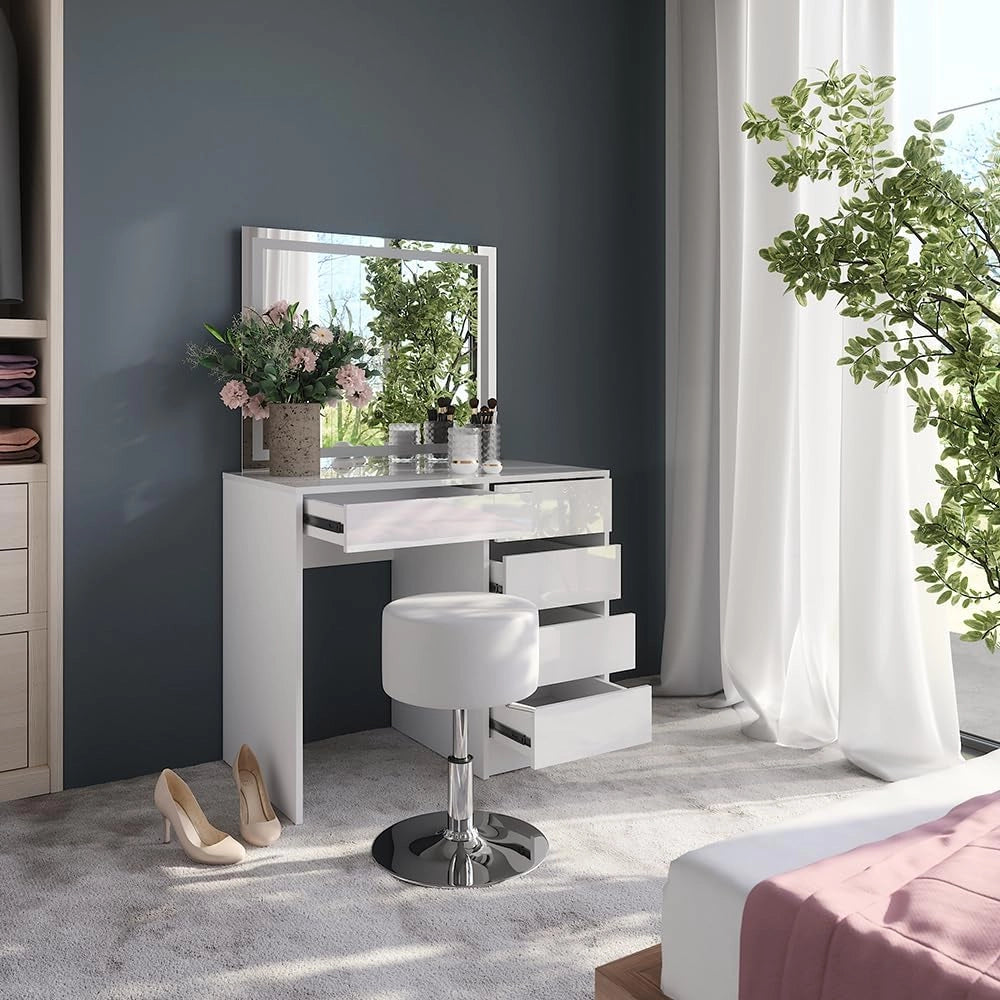Tavolo da toeletta Sherry, Bianco/bianco lucido, 89.8 cm con specchio LED e sgabello