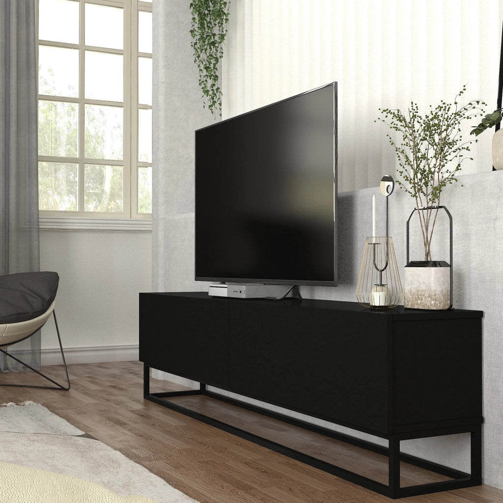 Mobile Porta TV Nolven a 2 Ante Ribalta e Telaio Lungo in Metallo 180x32x47 cm - Nero [en.casa]