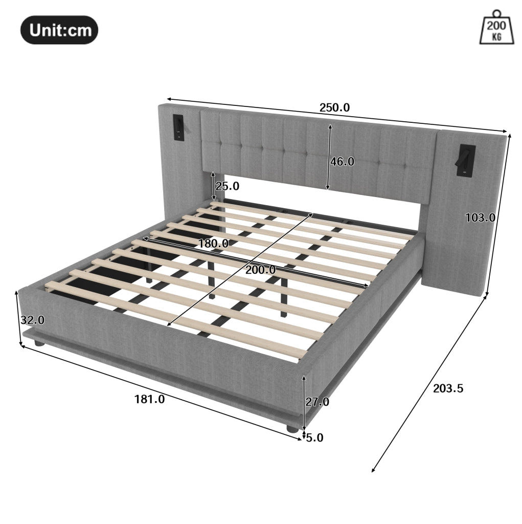 Letto imbottito 180x200 cm con LED; spot e USB in lino grigio