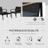Set 4 Pezzi Salotto da Esterni con 2 Sedie, Divano e Tavolino Mobili da Giardino in Rattan e Acciaio Nero