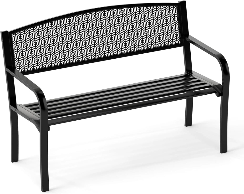 Panca da giardino per 2-3 persone, panca da parco con schienale alto e braccioli, sedia in metallo con carico di 300 kg, poltrona per terrazza, balcone, 128 x 60 x 86 cm (Nero)