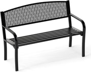 Panca da giardino per 2-3 persone, panca da parco con schienale alto e braccioli, sedia in metallo con carico di 300 kg, poltrona per terrazza, balcone, 128 x 60 x 86 cm (Nero)
