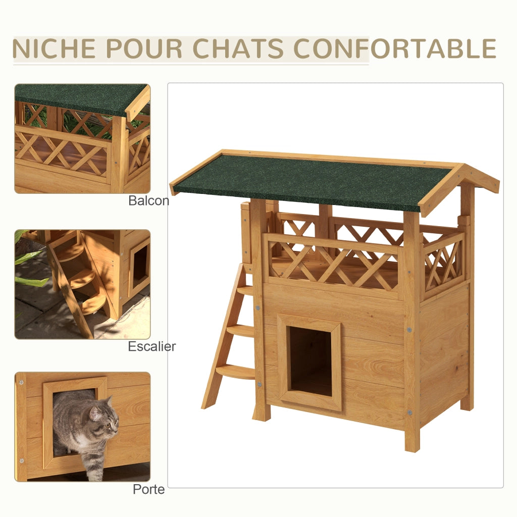 Casetta per Gatti con Terrazza e Scala ¨C Minimal ¨C Legno Naturale e Verde 77x50x73 cm