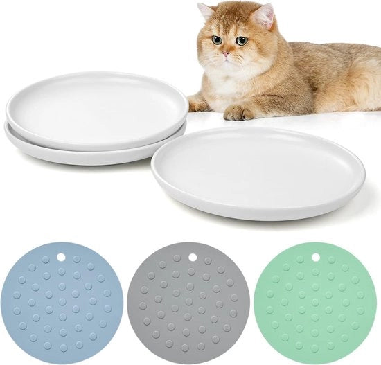 Tavoli da cibo per gatti in ceramica, 3 pezzi, piatti da cibo per gatti senza stress con 3 mattonelle antiscivolo, tavoli da cibo per gatti ampi e piani per ridurre la fatica alle ciglia, per gatti, gattini.