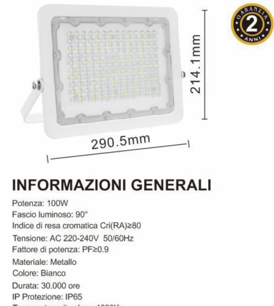 Faro led slim da 100w bianco impermeabile da esterno IP65 con luce naturale 4000K