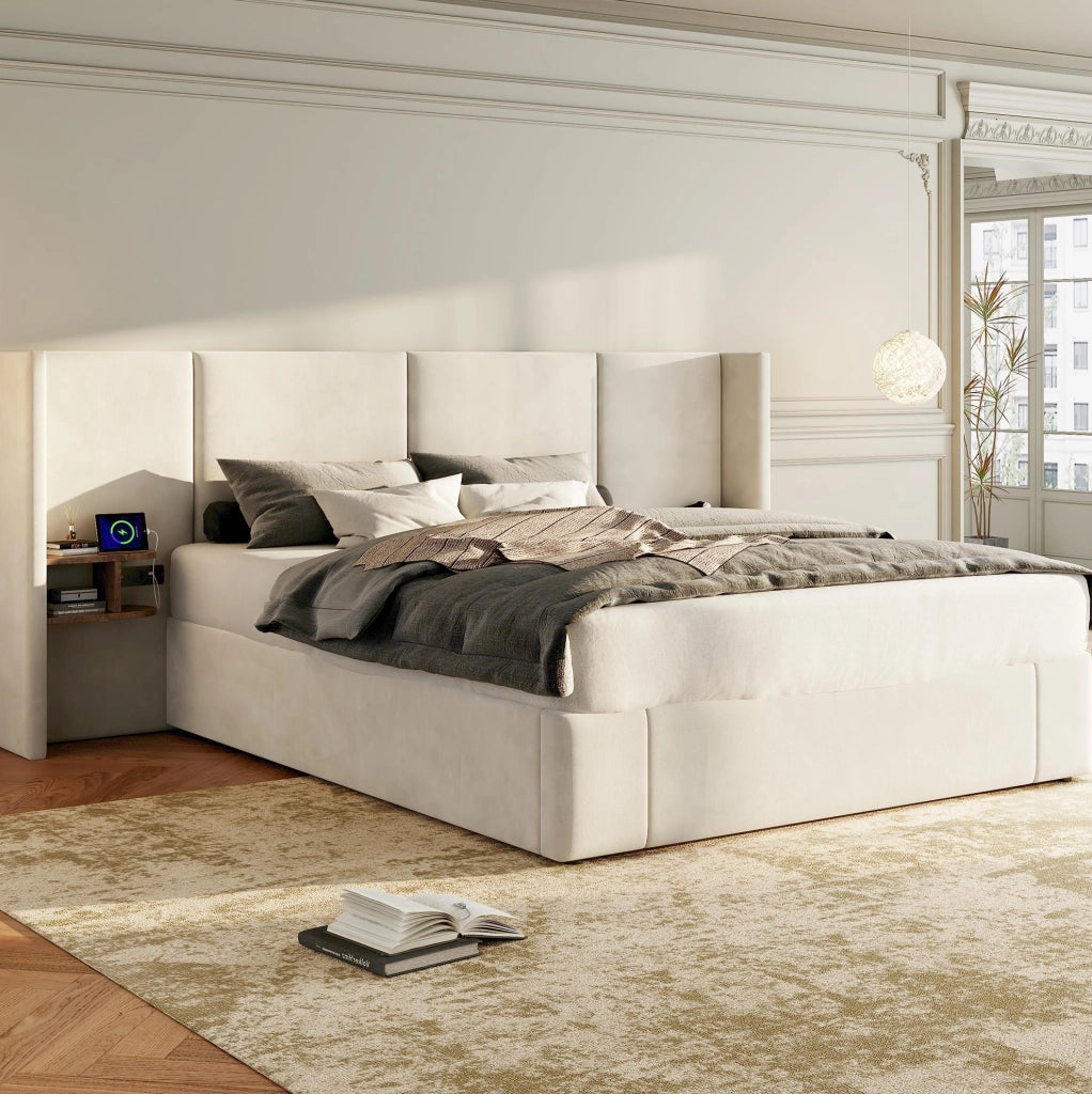 Letto contenitore 160x200 cm in velluto beige con 2 comodini; USB-A/USB-C e prese