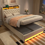 Letto Imbottito 140x190 cm Beige in Velluto con LED, Porta USB e Vano Contenitore