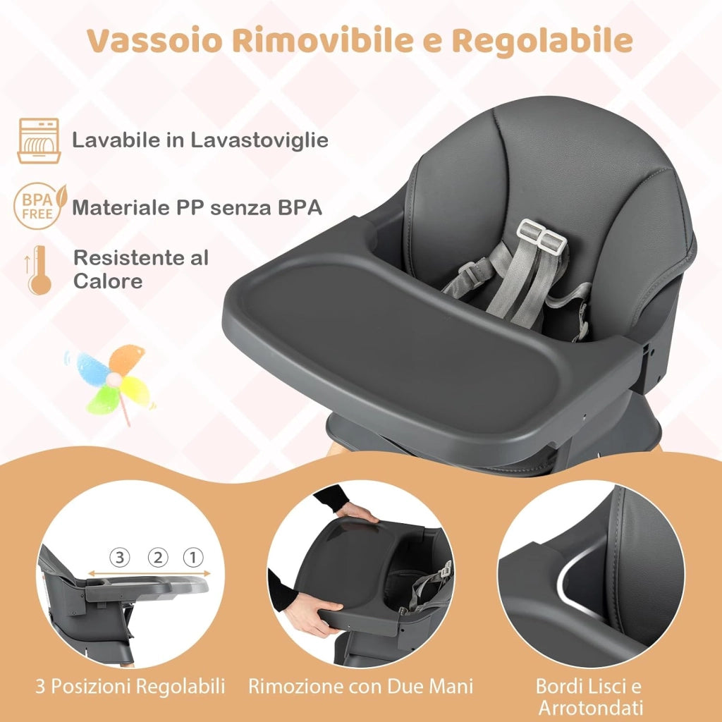Seggiolone Pappa per Bambini, Seggiolone Convertibile con Cintura e Vassoio Rimovibile, Sedia Evolutiva per Neonati, Telaio in Legno Massello, per Neonati 6-36 Mesi (Grigio Scuro)