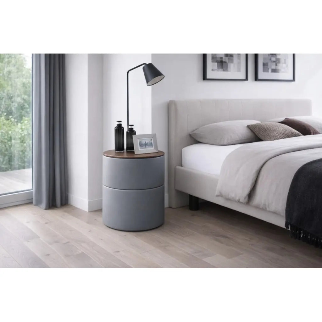 Tavolino da notte rotondo stile design collezione THOMAS color grigio e legno