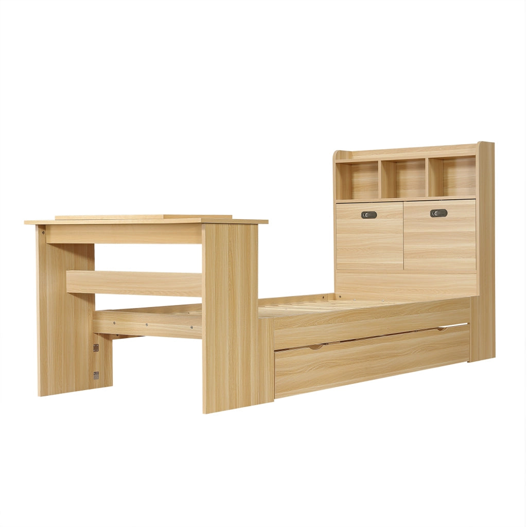 Letto singolo 90x200 cm in legno naturale con contenitore, mensola testiera, tavolo ribaltabile e cassetto reversibile
