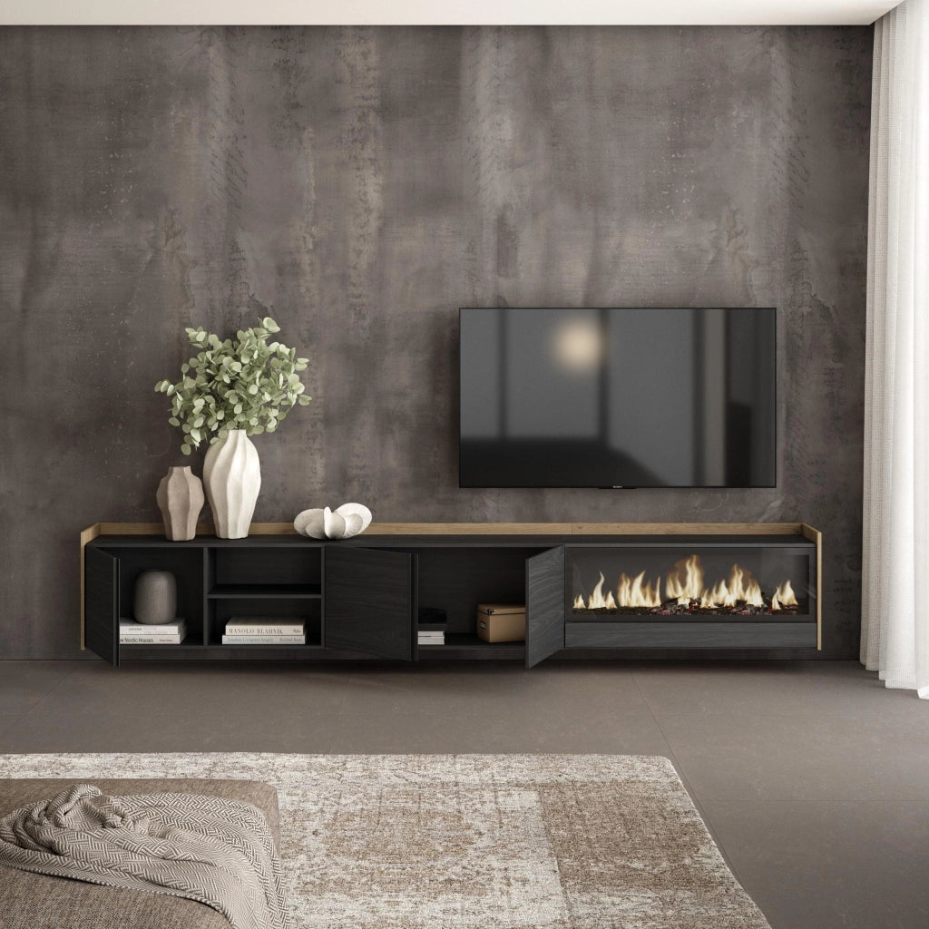 Mobile TV Soggiorno, 315x50x35 cm, Per TV fino a 80", Camino elettrico XXL, Sospeso, da appendere, Nero e rovere