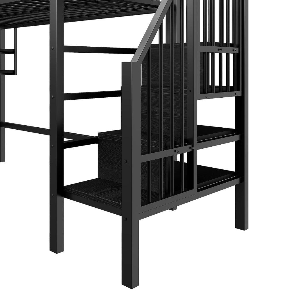 Letto a soppalco 90x200 cm con scaffali e scala contenitore in metallo e MDF nero