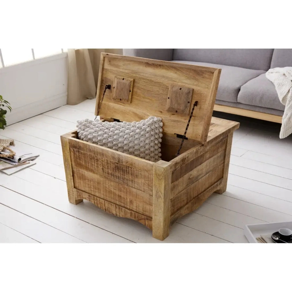 Tavolino quadrato LODEN 70 cm in legno massiccio di mango con cassapanca e 4 cassetti - stile industriale