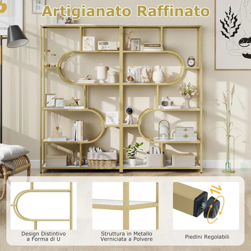 Libreria a 8 Ripiani, Scaffale Alto Autoportante a Forma di U, Struttura in Metallo, Organizzatore di Spazio per Soggiorno e Ufficio, 95x30x175 cm (Bianco+Oro)